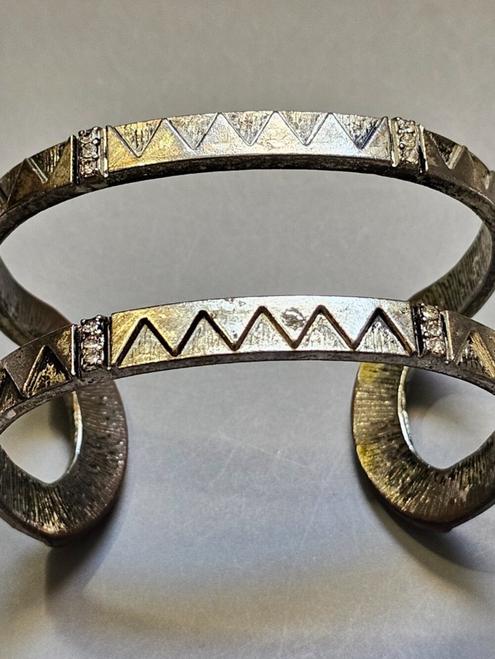 Southwestern Brass Open Cuff Bangle Bracelet Embedded Rhinestones Vintage